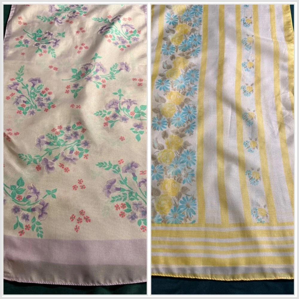 Vintage Floral Satin Scarf‎ Lot of 2 – Pastel Purple & Yellow Spring Easter